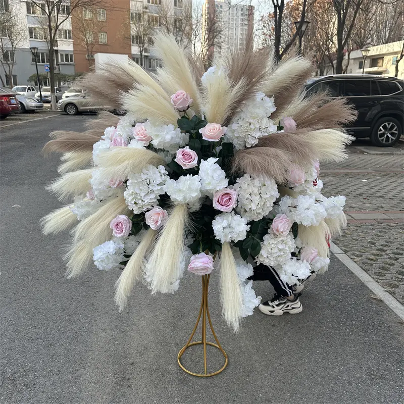 Ifg Groothandel 3d Witte Hortensia Met Pampa 'S Kunstbloem Kussen Ballen Voor Bruiloft Decor