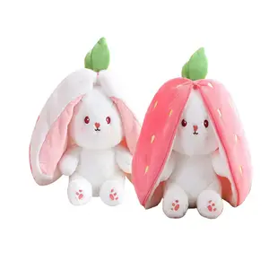 थोक मजेदार 2 इन 1 रिवर्सिबल गाजर स्ट्रॉबेरी बनी तकिया फ्लिप लंबे कान खरगोश भरवां पशु आलीशान गुड़िया