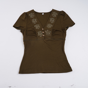 Camiseta Retro Woodland con cuello en V y mangas cortas con volantes – Camiseta informal de color liso para mujer - Product Image 2