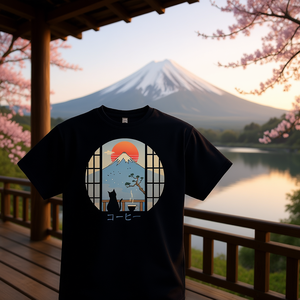 T-shirt Coffee Cat Mt Fuji Nera Unisex con grafica di ispirazione giapponese - Product Image 3