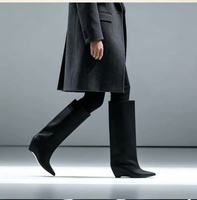 Bottes hautes à talon compensé en cuir noir pour femme, personnalisables en usine avec logo, OEM, OED – Nouvelle collection, bottes longues et élégantes