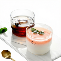 Verre à boisson court imprimé Smiley et Cœur, Tasse à jus et lait à base épaisse très tendance, Verre simple pour boissons froides et café à la maison