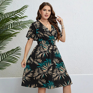 DMXF0171 Elegante Vestido de <span class=keywords><strong>Mujer</strong></span> con Cuello en V, Fruncido, de Manga Corta, con Cintura Ajustada, Estilo Bodycon, para Playa o Vacaciones, Talla Grande 4XL - Product Image 1