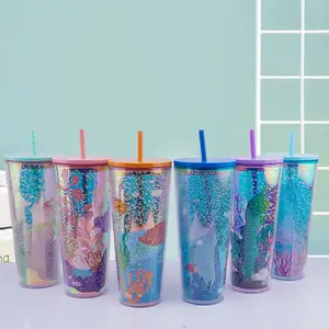 BPA ücretsiz 710ml/24oz çift duvar plastik kamışlı bardak tumbler kağıt takılı saman fincan