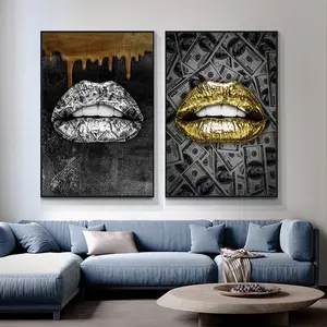 现代抽象嘴唇美元背景墙艺术帆布北欧流行海报客厅家居装饰画