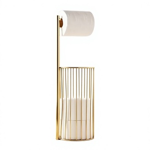 Support de papier toilette moderne en laiton avec panier de rangement pour salle de bain, design minimaliste, sur pied, sans perçage requis - Product Image 4