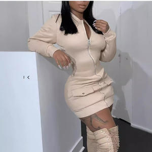 PEEQI 1147586 Зимнее Новое Стильное Женское Сексуальное Платье с Длинным Рукавом, Однотонное, на Молнии, Модное Платье для Уличной Носки - Product Image 3