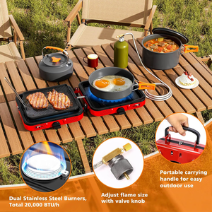 Ensemble de réchauds de camping pliants et portatifs à 2 brûleurs pour l'extérieur avec ustensiles de cuisine, poêle à frire, plaque chauffante, bouilloire, marmite, sac de transport, 20,000 BTU/h - Product Image 4