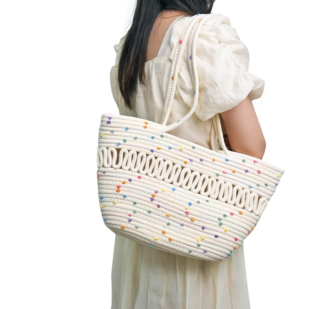 Summer Bags for Women Cotton Rope Woven Beach Purse Bohemian Tote Bag Shoulder Bucket Bag Shopping Travel