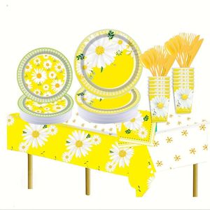 Plato de papel desechable con logotipo personalizado, plato de papel amarillo con flor de Margarita blanca, hojas verdes, flor salvaje, plato de papel con flor de Margarita - Product Image 2