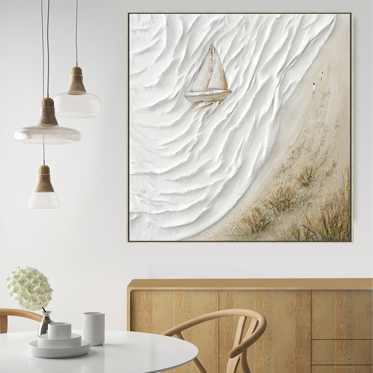 Pittura a olio astratta all'ingrosso del paesaggio marino su tela le barche a vela Texture 3d hanno dipinto a mano arte moderna della decorazione per la casa di arte