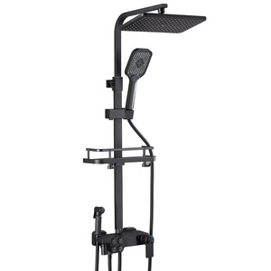 Ensemble de douche thermostatique noir avec affichage numérique, pommeau de douche supérieur rectangulaire, système de douche pour salle de bain - Product Image 1