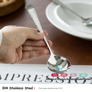 304 Stainless Steel Round Creative Hammered Texture Linen Texture Soup <b>Spoon</b> Tableware Wholesale - Product Image 5