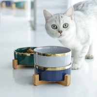 Bol en céramique pour animaux de compagnie NicePets avec support en bois |   Ensemble d'alimentation anti-renversement avec protection du cou surélevée |   Gamelle brillante pour chat et chien