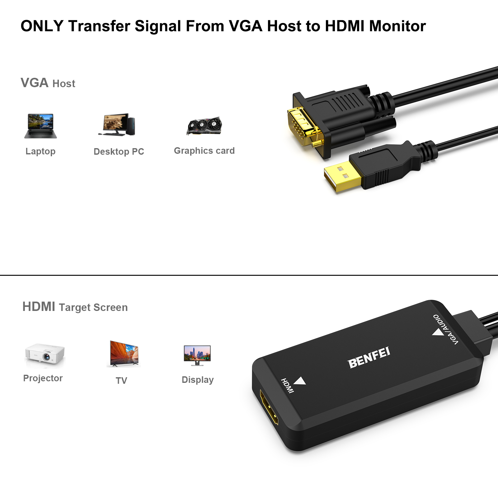 BENFEI Adaptateur VGA Vers HDMI 1080p Avec Audio - Convertisseur PC Ordinateur Vers TV Moniteur