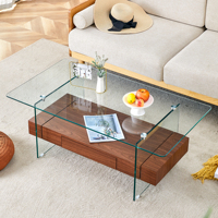 Table basse moderne à double plateau, design en verre trempé, cadre en bois, tiroir de rangement, garantie 1 an - Meubles de salon