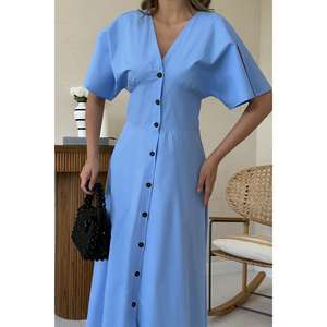 Robe midi bleue à col en V, coupe trapèze, taille naturelle, en popeline tissée respirante, pour usage quotidien décontracté - Product Image 2