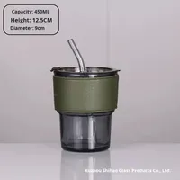 Gobelet à café, thé au lait, cadeau, design minimaliste de style bambou, 450 ml, avec manchon en cuir, isolation thermique, anti-fuite, paille en verre