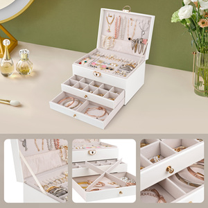 3-Tier Leather Jewelry <b>Box</b> with Lock Large Jewelry Organizer with <b>Drawers</b> for Rings Necklaces & Earrings - Product Image 4