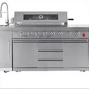 Cuisine extérieure, îlot de barbecue avec <span class=keywords><strong>four</strong></span> à pizza, évier, réfrigérateur, portes - Modulaire, acier inoxydable 304, armoires modernes - Product Image 1