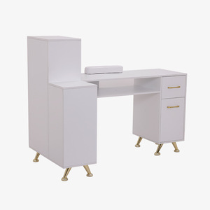 Modern White Nail Desk Table for Salons Wood Furniture with Gold-<b>locked</b> Hand Rest Dust Collector & Stylish Manicure Design - Product Image 3