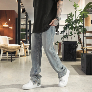 JL Men's Blue Painted Mid Stacked Straight Denim <strong>Jeans</strong> Color Fade Proof Custom <strong>Label</strong> High Street Style Woven Baggy Washed - Product Image 2