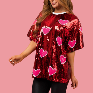 T-shirt <span class=keywords><strong>con</strong></span> paillettes oversize da donna su misura <span class=keywords><strong>con</strong></span> paillettes <span class=keywords><strong>rosso</strong></span> e rosa <span class=keywords><strong>con</strong></span> motivo a <span class=keywords><strong>cuore</strong></span> manica mezza manica Casual a coste ampio Top Fit - Product Image 4