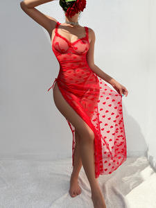 عيد الحب شبكة حمراء بروتيل تنورة طويلة ثونغ <span class=keywords><strong>2</strong></span> قطعة مجموعة نرى من خلال شق ثوب النوم جنسي الملابس الداخلية - Product Image 3