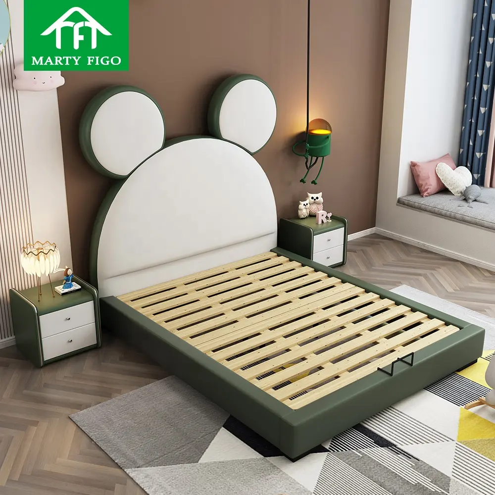 Cartoon theme headboard leather fabric sleep beds base children mattress wooden frame upholstered platform solid wood kids' beds