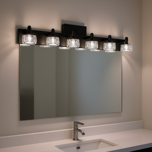 Lámpara de tocador LED moderna de 6 luces, negra mate, con pantallas de cristal, aplique de pared contemporáneo para baño, regulable, luz blanca cálida - Product Image 2