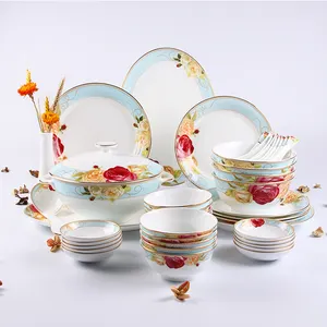 Luxury Royal Floral Decal Design 45pcs Restaurant Home Kitchen Bone China Porcelain Dinner Plates Bowls Set Dinnerware