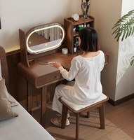 Table de toilette moderne et simple avec rangement et miroir LED rond pour chambre et petit appartement, meuble cosmétique en bois de pin