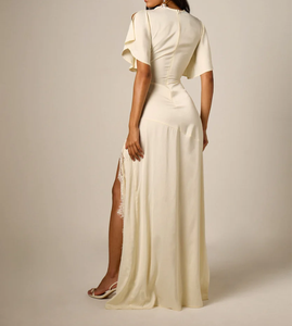 Abito Lungo da Sera da Donna in Raso Minimalista Romantico <span class=keywords><strong>con</strong></span> Scollo a Cappuccio, Maniche Corte Svasate e Spacco Laterale, Lunghezza al Pavimento - Product Image 2