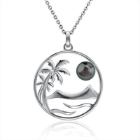 Collier pendentif palmier en argent sterling 925 avec perles noires de Tahiti et perles d'eau douce, thème vie marine