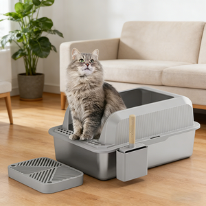 Bac à litière pour chat en acier inoxydable amélioré, toilette étanche à grand espace, épaissie et antirouille, boîte semi-fermée de contrôle des odeurs/ - Product Image 2