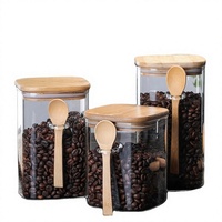 Lot de bocaux carrés en verre avec cuillère en bois, pots hermétiques pour grains de café, ensemble de récipients en verre pour condiments