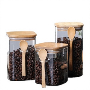 Atacado: Pote de Vidro Quadrado com Colher de Madeira, Potes de Vidro Herméticos para Grãos de Café, Recipiente de Vidro Hermético, Conjunto de Condimentos - Product Image 2
