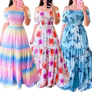 Phụ Nữ Thời Trang Mới Dài Mùa Hè Một Vai Hoa In Váy Phụ Nữ Quần Áo Giản Dị Dresses Của Phụ Nữ Maxi Dresses