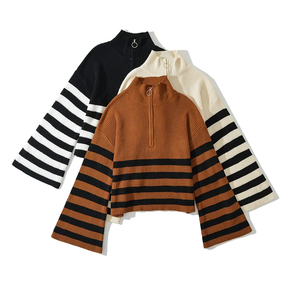 3 colorway turtleneck flare sleeve oversized pullover stylish striped women knitted sweater