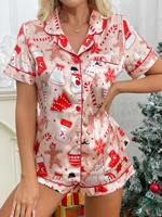 ODM Set Piyama Wanita Kasual Kerah Pendek Satin Dua Potong dengan Finishing Satin Halus untuk Pakaian Rumah dengan Cetakan Natal