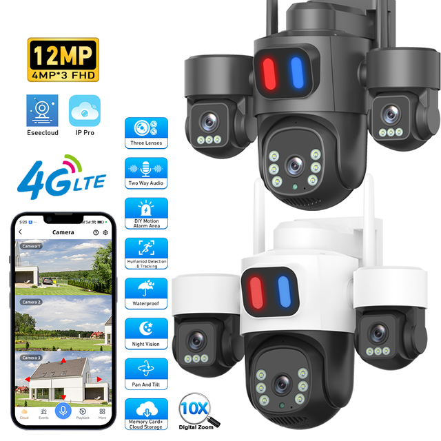 Eseecloud 12MP 6K 3 Video Wireless 2.4G 5G Dual Band WiFi CCTV PTZ Outdoor 3 Lenses 4G Sim Card Security Camera