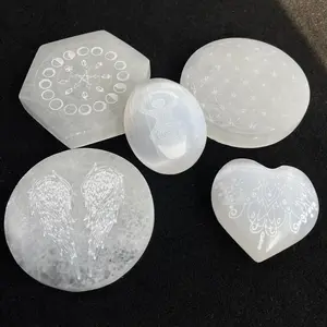 Wholesale Natural Selenite Charging Plate Round Selenite Slice Engraved With Flower of Life