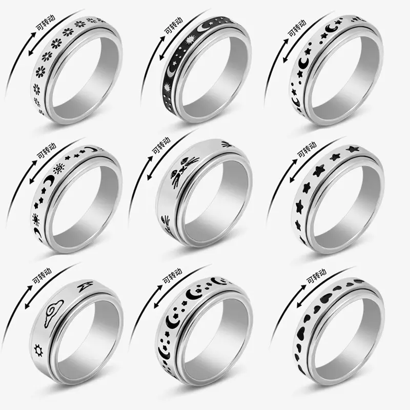 Ring Wholesale Jewelry Turn Rotating Finger Animal Clouds Stars Sun Moon Cat Anti Anxiety Stainless Steel Chain Ring Gold Plated