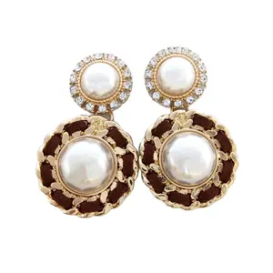 2023 factory new jewelry wholesale leather diamond pearl drop gold plated stud earrings for women