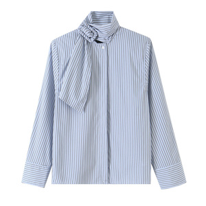 Camisa a Rayas Holgada Personalizada para <span class=keywords><strong>Mujer</strong></span> 2026 con Detalle de Lazo, Blusa con Botones al Frente, Camisas de Diseño Vintage OEM/ODM - Product Image 1