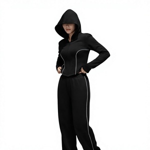 Sudadera con Capucha Negra para Mujer, Cierre de Cremallera, Color Sólido, Manga Larga, Tejido Transpirable, para Otoño, Corte Regular - Product Image 2