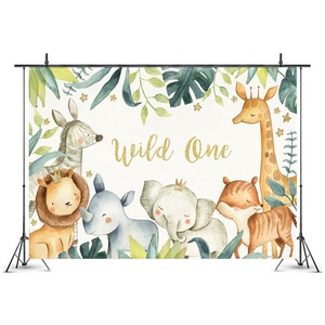 DORCEV Cartoon Zoo Backdrop Jungle Safari Party Cartoon Zoo Theme Kids Birthday Party Background Lion Tiger Panda Green Leaf Kids Party Cake Table Banner Kids Birthday Photo Studio Props - View #3