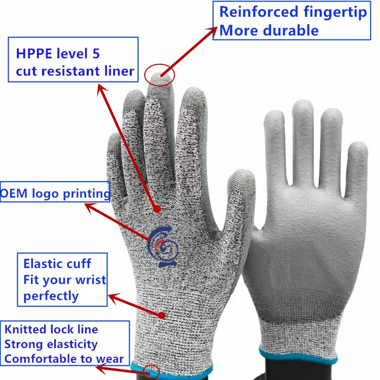 HPPE 컷 방지 CE 레벨 5 장갑 저렴한 PU 팜 코팅 안티 컷 장갑