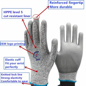 HPPE Cut Resistant CE Level 5 Gloves Cheap PU Palm Coating Anti-cut Gloves