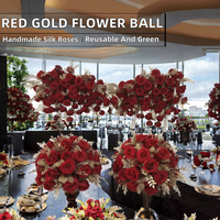 IFG 2026 Boule de fleurs en soie faite à la main de 35 cm, rouge et or, pour la décoration de centre de table de mariage